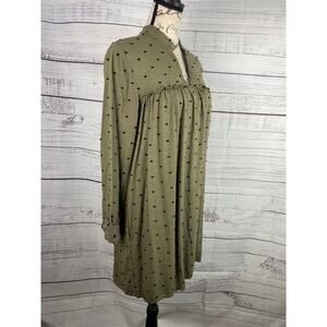 Zara Babydoll Dress Womens S Army Green Polka Dot Split Mock Neck Viscose